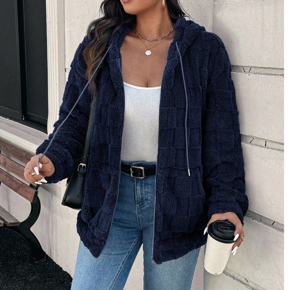 Plus Solid Dusty Blue Checkered zip up Drawstring Hoodie Jacket - Picture 4 of 10